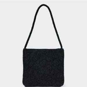 A New Day Beaded Heart Flat Shoulder Bag Black Party Classy Purse Handbag